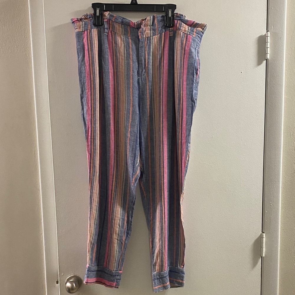 Soho Blue Multi‎ Striped Ruffled Waist Linen Pant